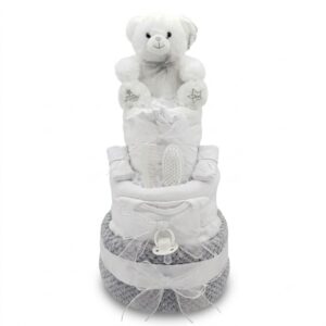 3 Tier White & Grey Nappy Cake